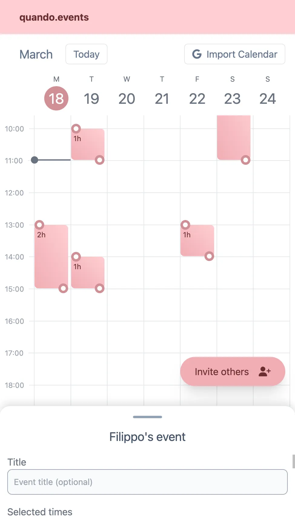 Screenshot of the 'quando events' meeting calendar interface. Multiple time ranges are selected.